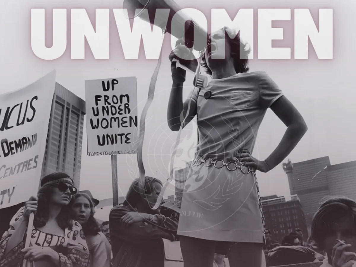 GCALMUN’26 UN Women committee cover featuring a woman speaking through a megaphone at a demonstration.