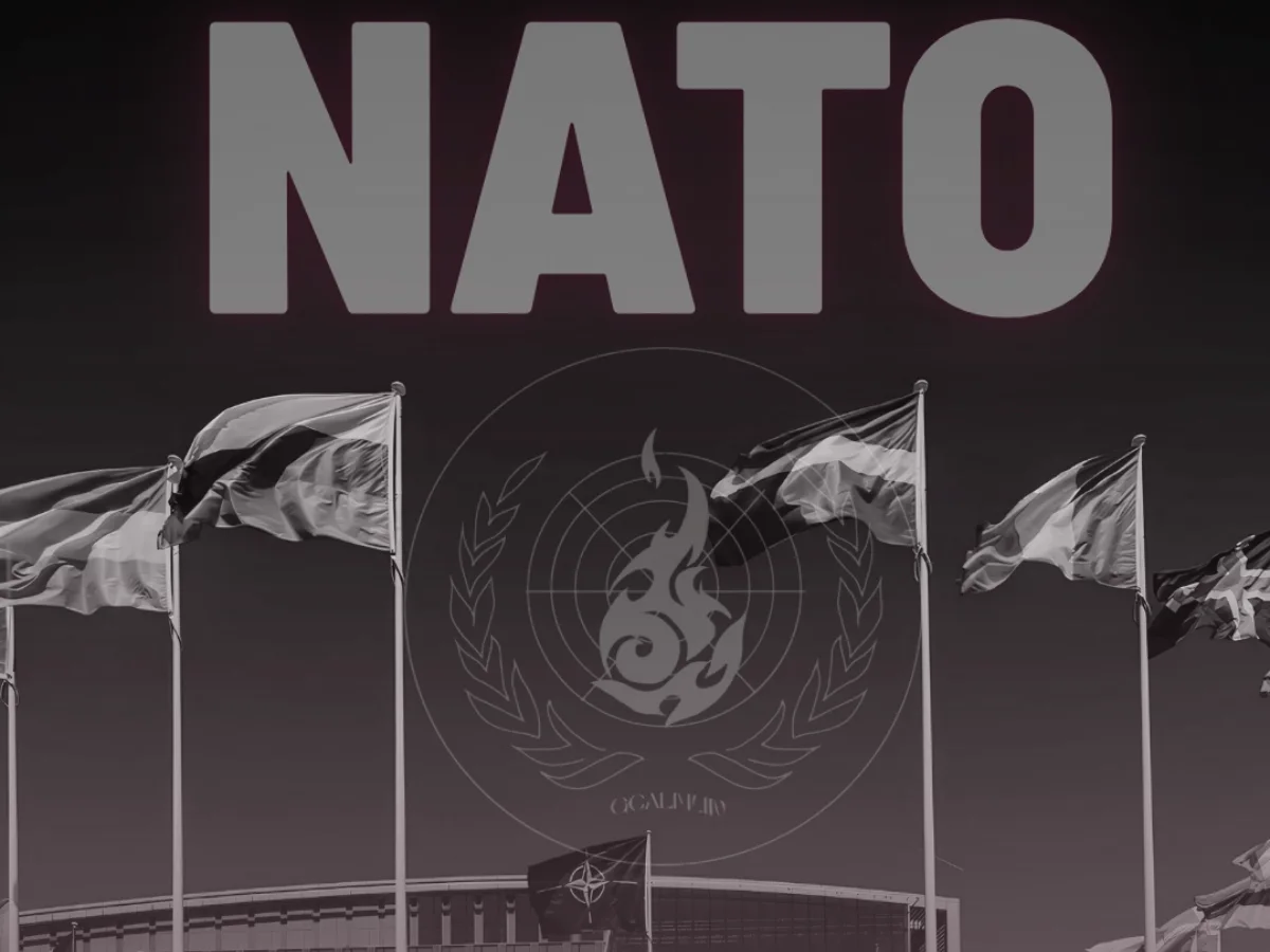GCALMUN’26 NATO committee cover featuring allied flags outside NATO headquarters.